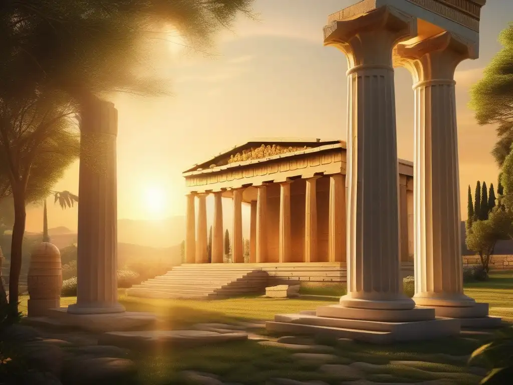 Rituales de sacrificio en Grecia antigua: Templo griego, paisaje verde exuberante, adoradores, sacerdote, altar y sacrificio