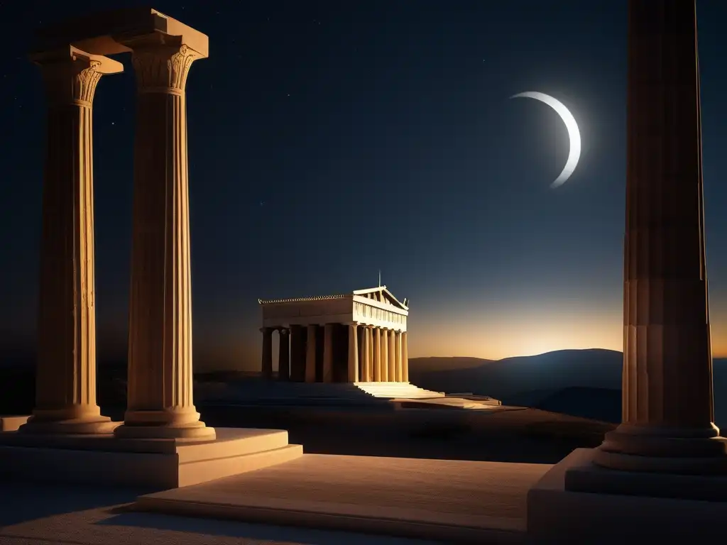 Fotografía de paisaje griego con templo iluminado por la luna en un eclipse solar, símbolo y significado de los eclipses en Grecia