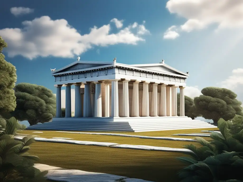 Influencia de las Vestales en la religión griega: templo sereno y elegante rodeado de naturaleza, cielo azul y nubes blancas