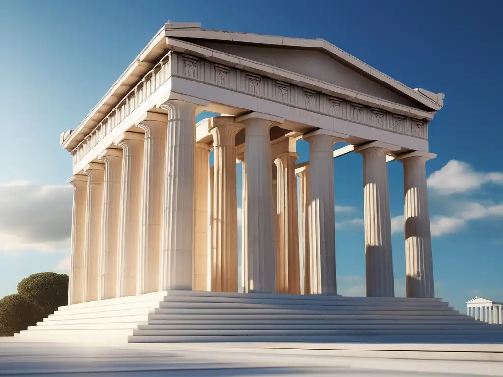 Sistemas financieros en la Antigua Grecia: Templo griego minimalista, columnas de mármol blanco brillante, pergamino con texto antiguo