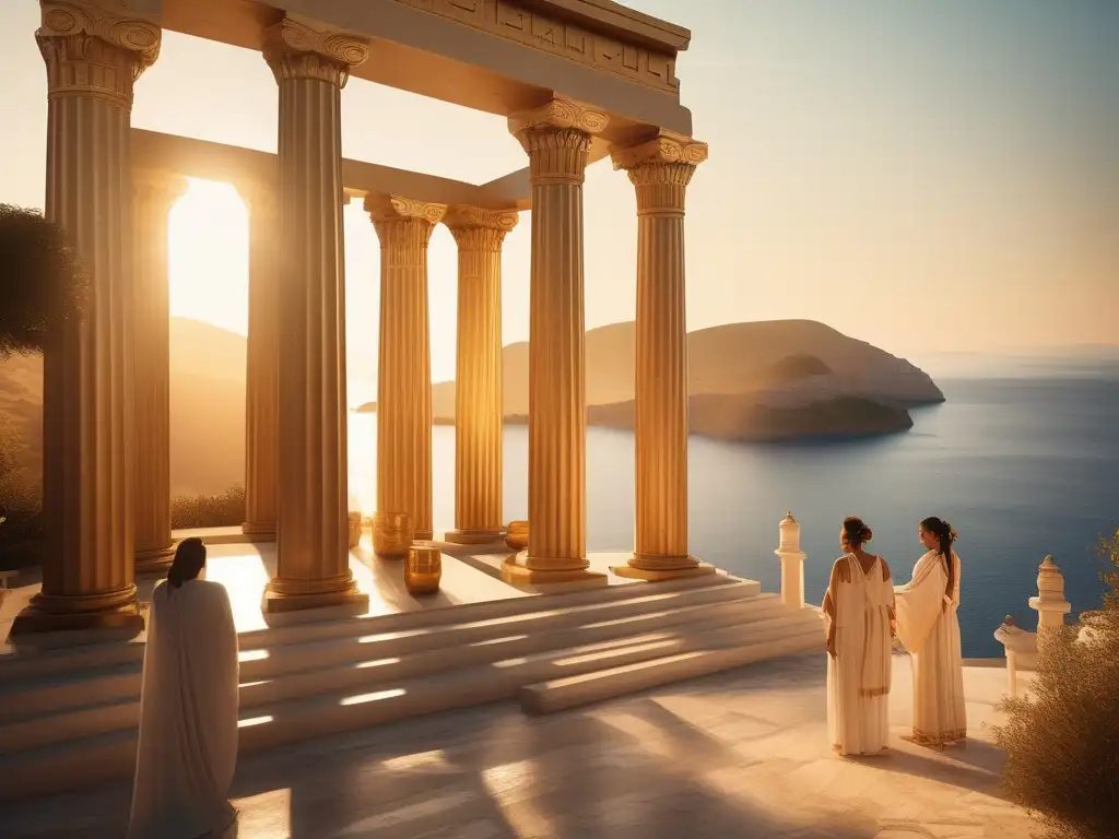 Importancia mujeres rituales Grecia: Templo griego bañado en luz dorada, con mujeres en túnicas blancas realizando un ritual sagrado