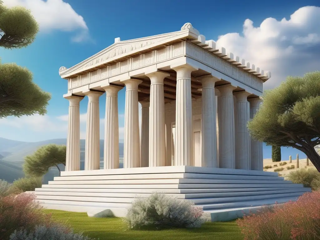 Templo majestuoso en colinas griegas con Zeus y la influencia de Alejandro Magno (110 caracteres)