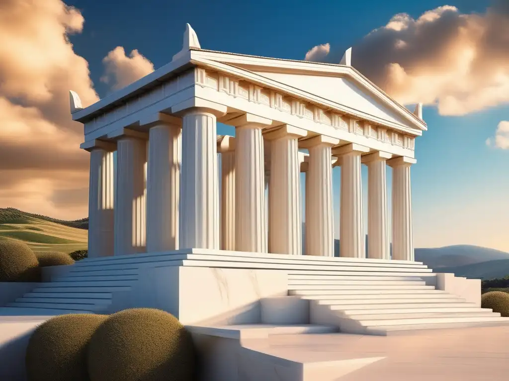 Templo griego antiguo con detalles arquitectónicos y figura humana