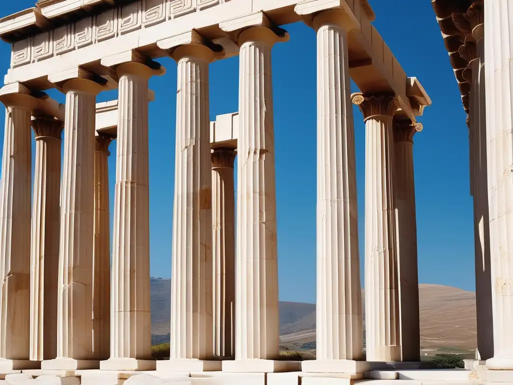 Un templo griego majestuoso destaca en colinas y cielo azul