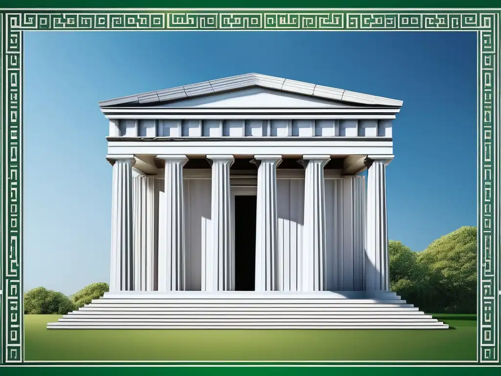 Impresionante imagen fotorealista de un templo griego rodeado de un exuberante paisaje verde