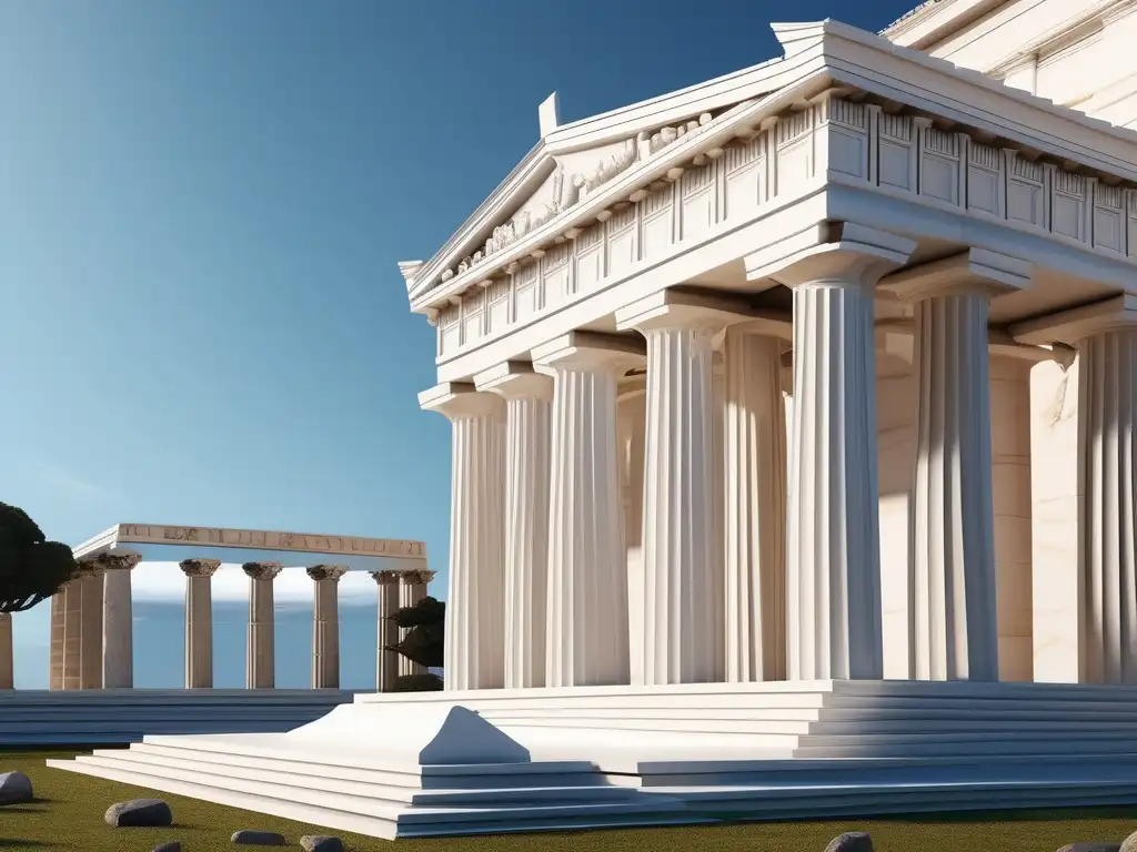 Templo griego con detalles arquitectónicos y sistemas financieros en la Antigua Grecia