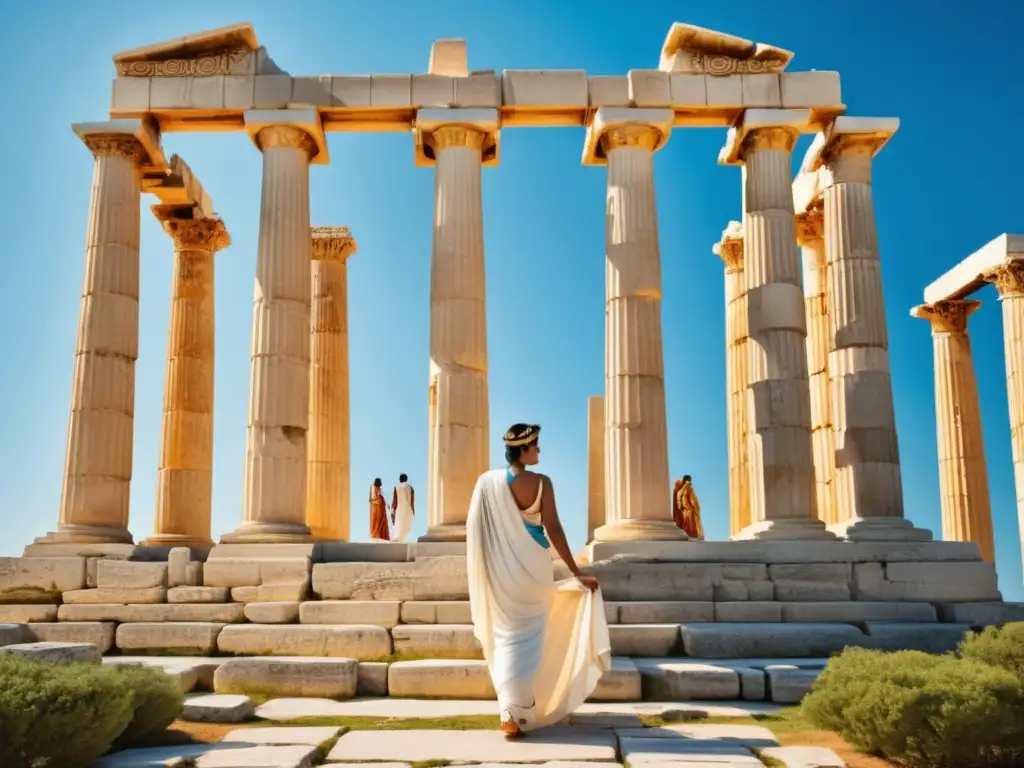 Alianzas matrimoniales en Grecia antigua: pareja en templo griego