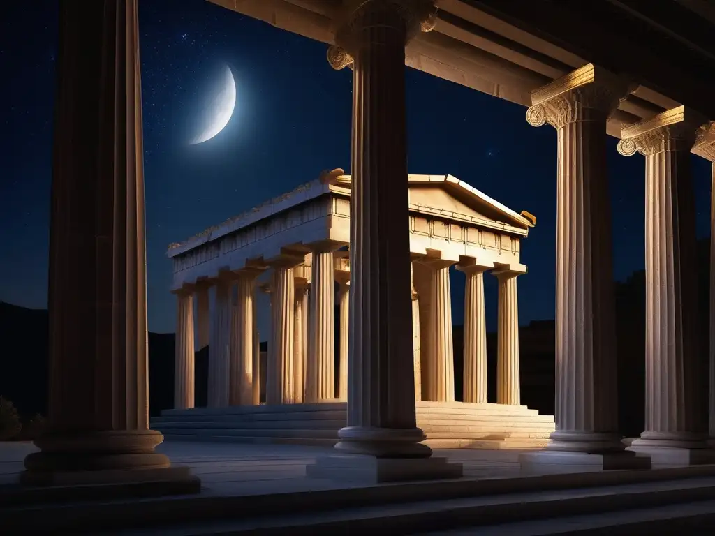 Templo griego de noche, simbolismo de rituales de iniciación en la Antigua Grecia