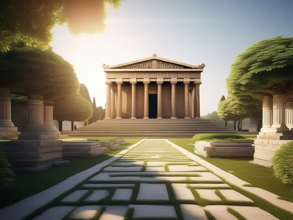 Templo griego en un entorno verde, con columnas elegantes y sendero de piedra