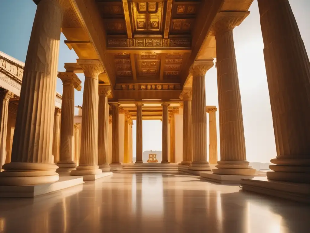 Interior de un antiguo templo griego, con columnas de mármol y una estatua divina rodeada de devotos en una ritual