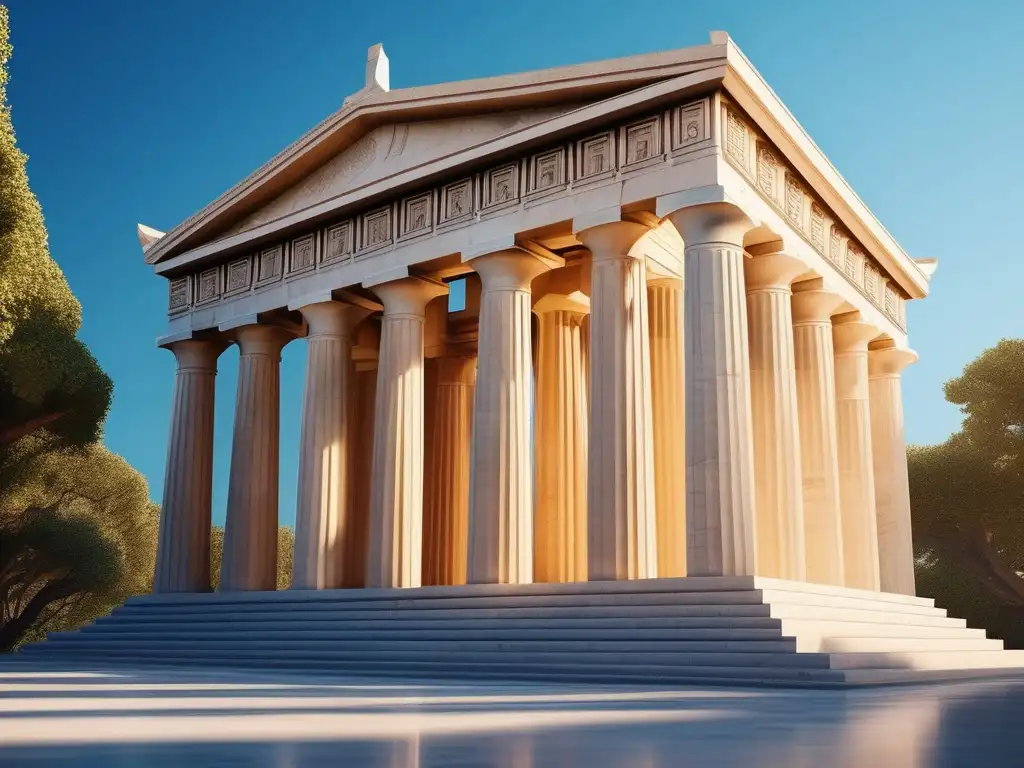 Fotorealista templo griego, grandioso y bello, rodeado de naturaleza y festividades religiosas Antigua Grecia