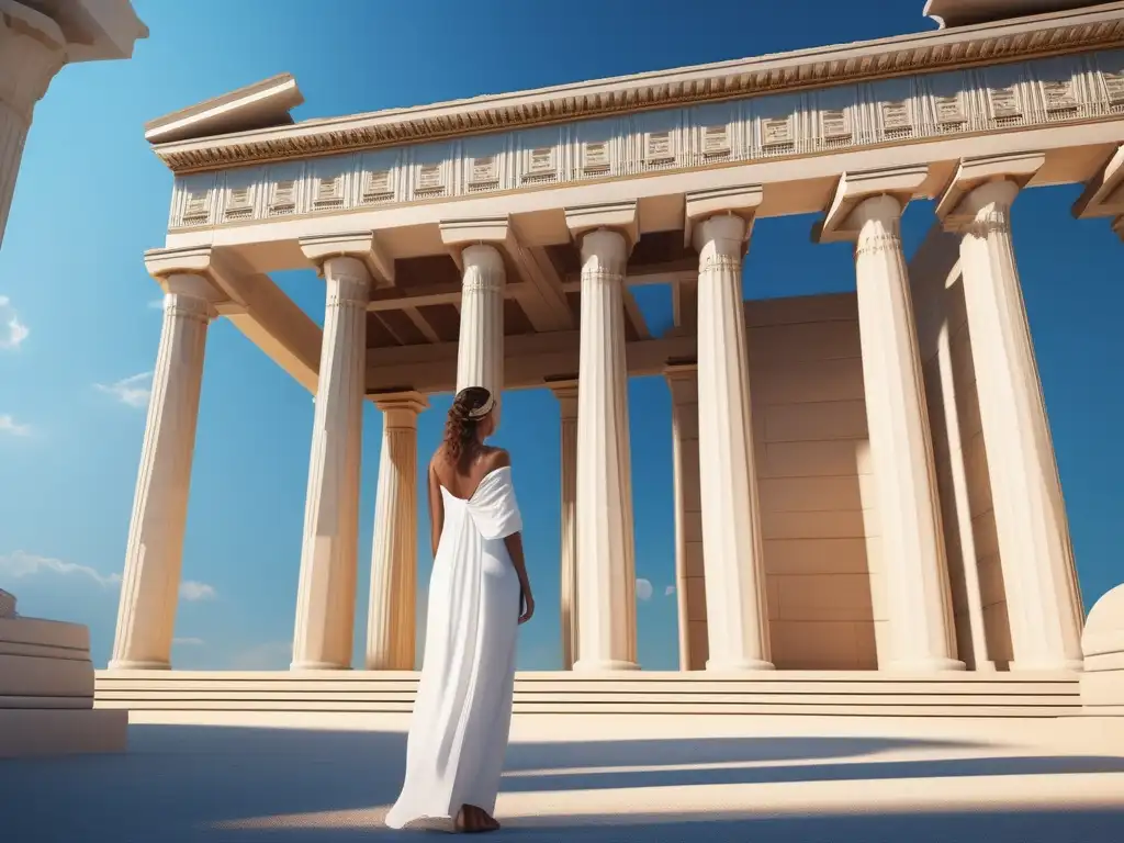 Rol mujer en la Antigua Grecia: Templo, columna, mujer vestida de blanco, fuerza y belleza