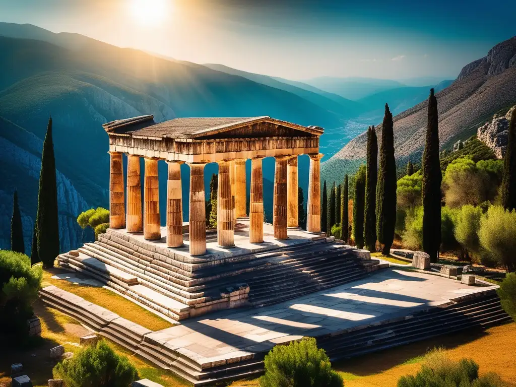 Imagen de la Oracle de Delphi en Grecia: la majestuosidad del antiguo templo con sus columnas dóricas y carvings, rodeado de naturaleza y montañas