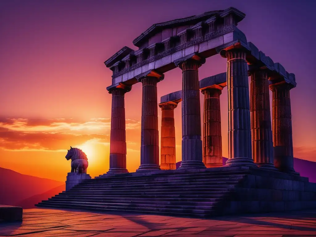 Legado sanguinario de Dracón en Grecia: Imagen 8k muestra el impresionante Templo de Apolo en Delphi al atardecer