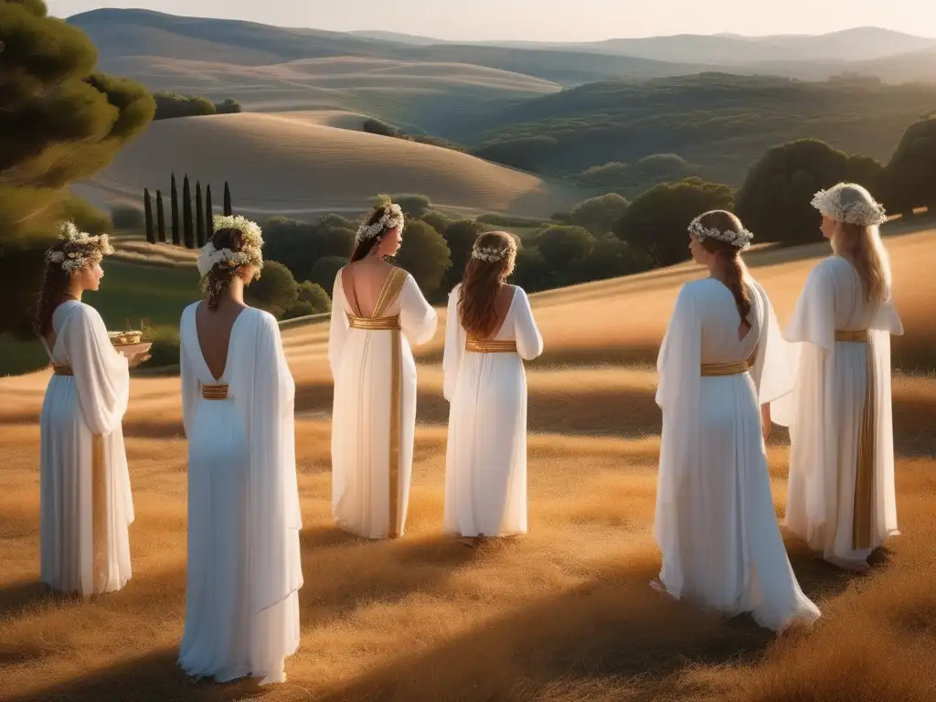 Festival griego en honor a Deméter: mujeres elegantes en un paisaje pintoresco realizando rituales sagrados con ofrendas