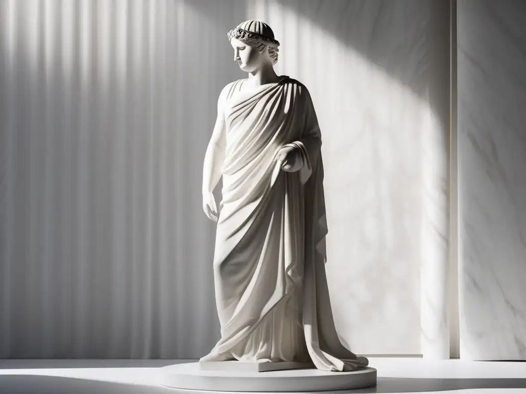 Influencia de moda de la vestimenta griega: delicada toga de lino blanco en estatua de mármol con detalles y textura sutiles