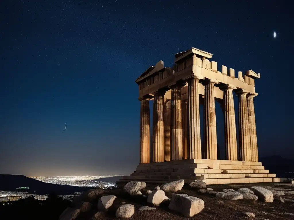 Enseñanza astronomía en Antigua Grecia: Torre Astronómica Atenas, estructura piedra, diseño minimalista, astrónomo en plataforma, telescopio bronce