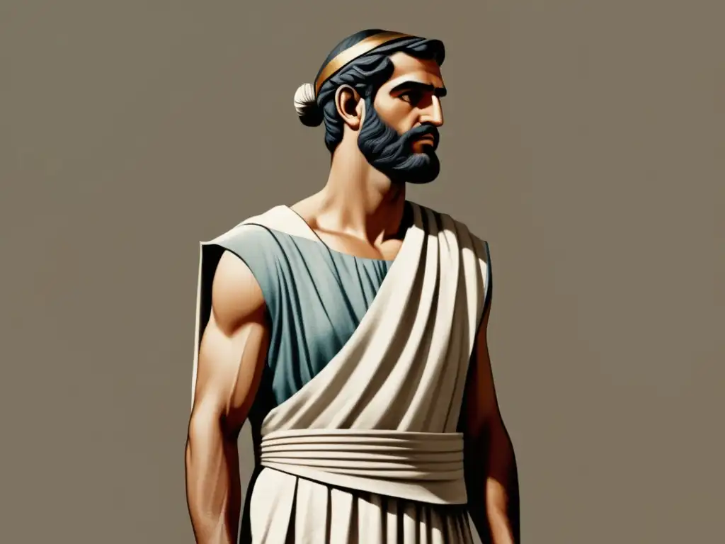 Trabajador griego antiguo con Exomis Vestimenta tradicional trabajadores Antigua Grecia: Ilustración minimalista y fotorealista de un trabajador griego antiguo con un Exomis