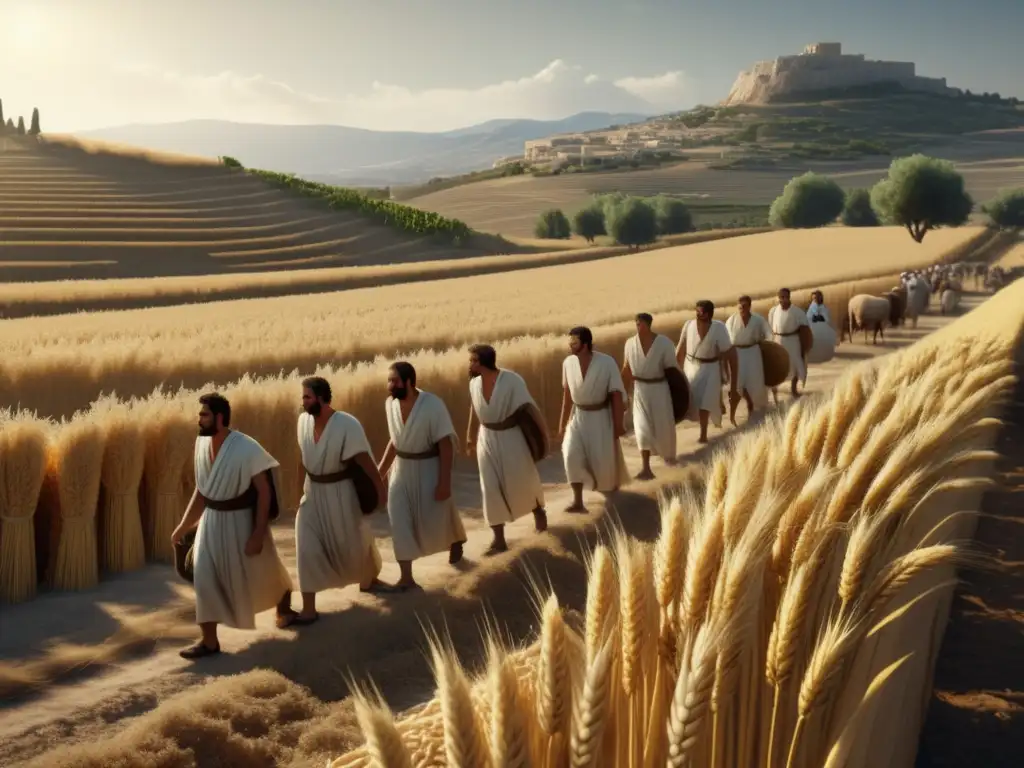 Trabajadores en Grecia antigua Vestimenta tradicional trabajadores Antigua Grecia en escenas agrícolas con campos de cultivo y paisaje griego
