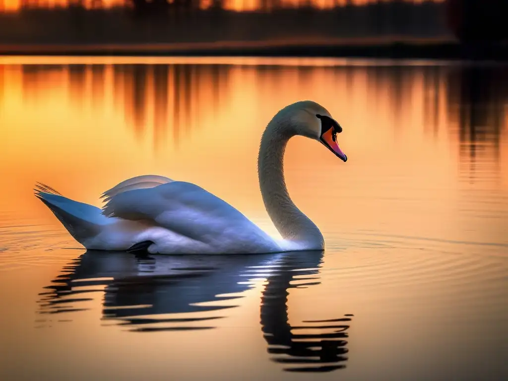 Simbolismo del cisne en Grecia: lago sereno al atardecer, cisne blanco solitario deslizándose con elegancia