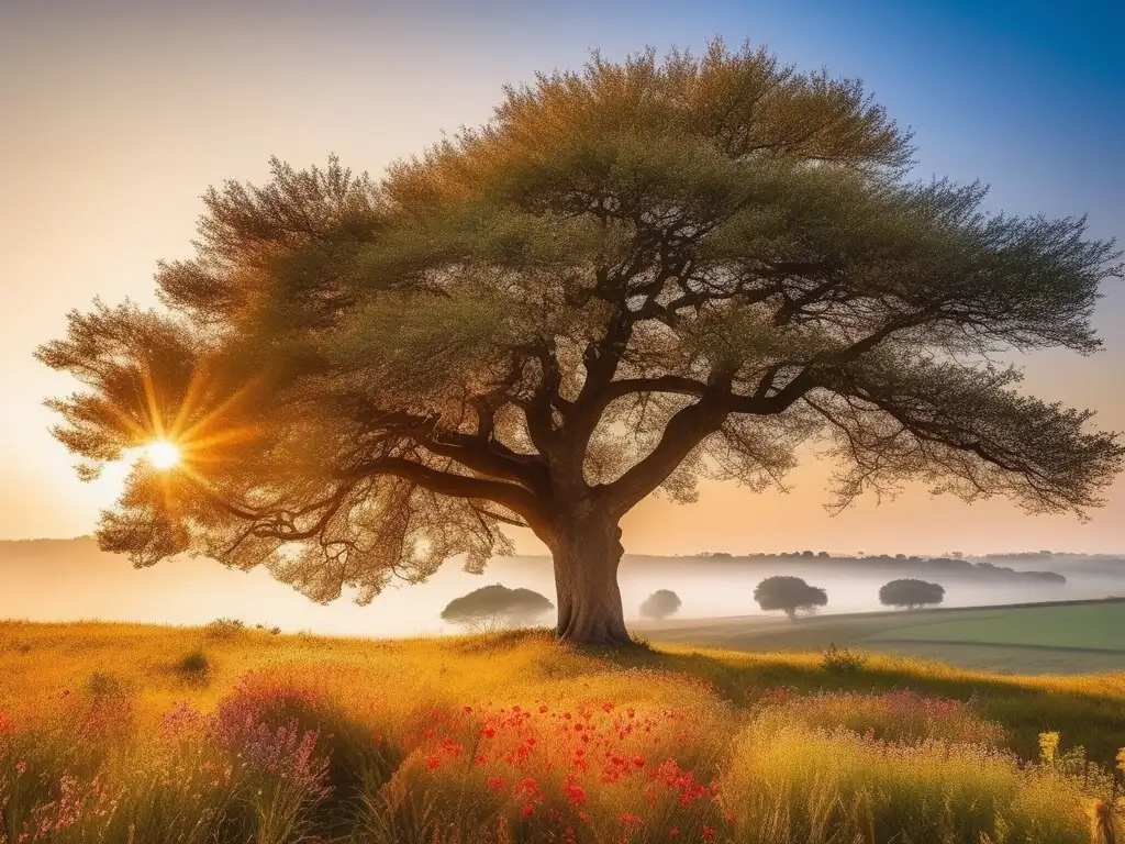 Paisaje sereno con árbol, flores y colinas, evoca la filosofía de la naturaleza en Grecia