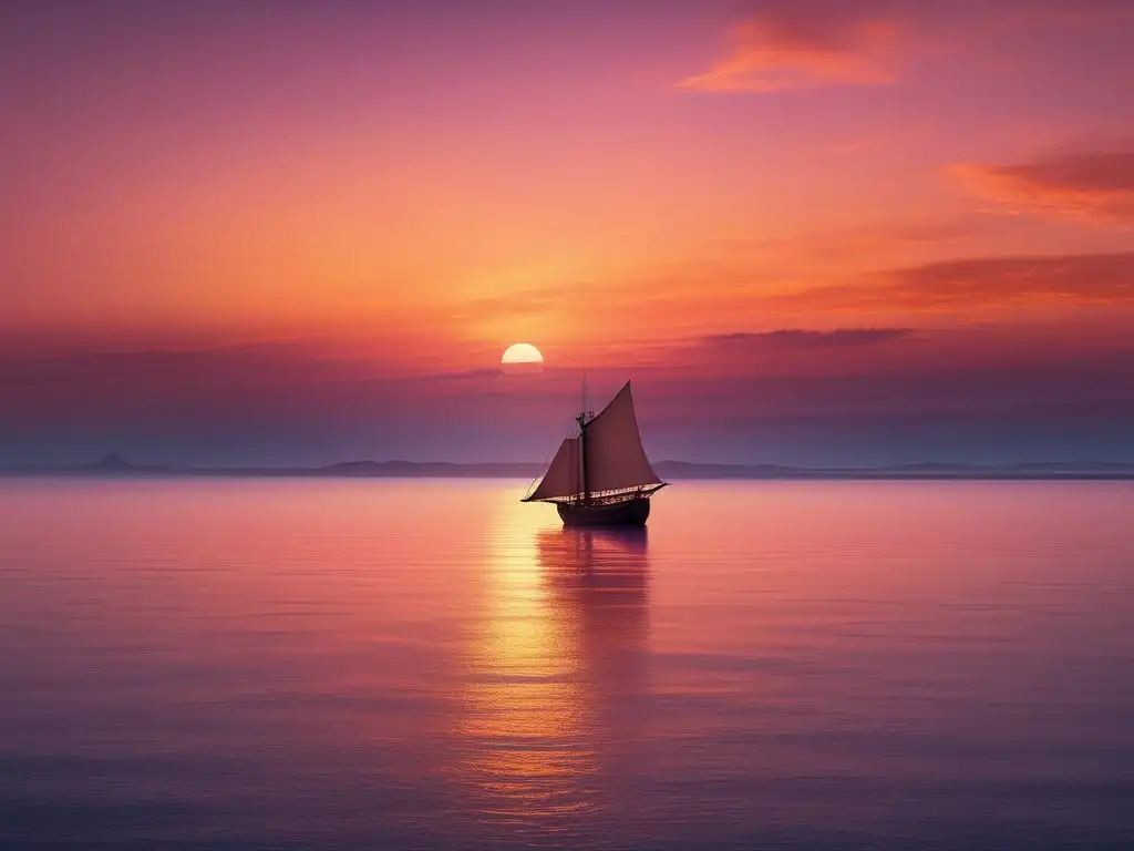 Heroísmo de Ulises en la Odisea: Tranquilo océano al atardecer con un barco solitario navegando hacia el horizonte