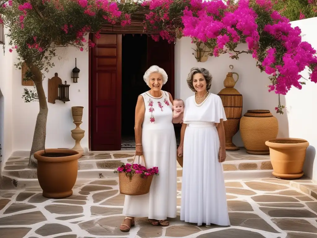 Mujeres griegas en un patio tradicional, vínculos familiares y empoderamiento