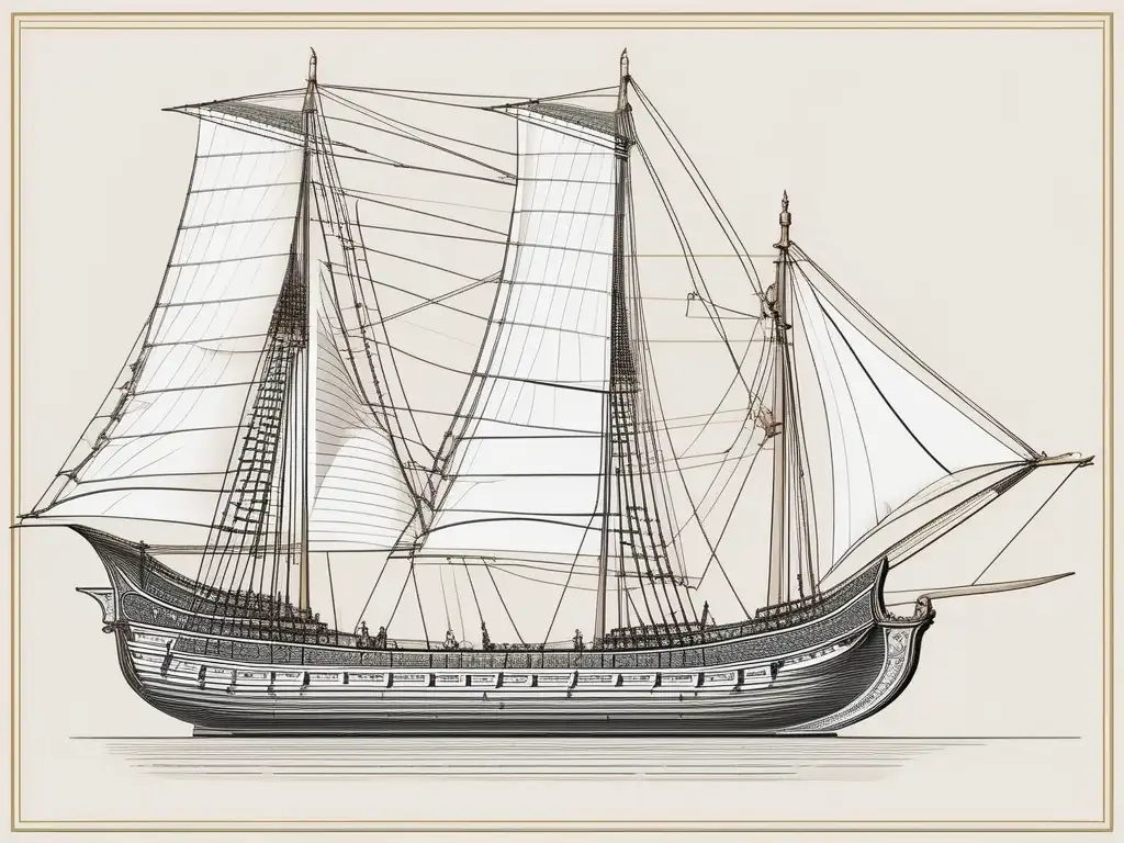 Trireme corintio: navegación antigua, estructura y diseño detallados, líneas limpias y bordes afilados, colores sutiles