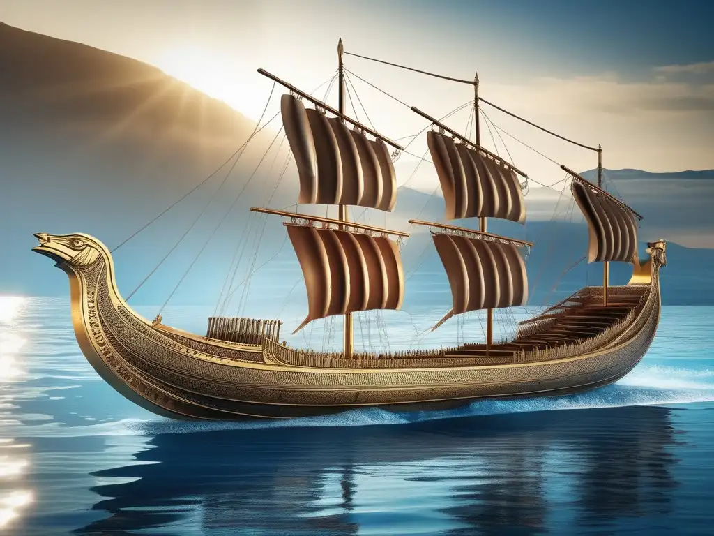 Astilleros Griegos: Trireme antigua navegando en aguas cristalinas, destacando diseño innovador y legado naval