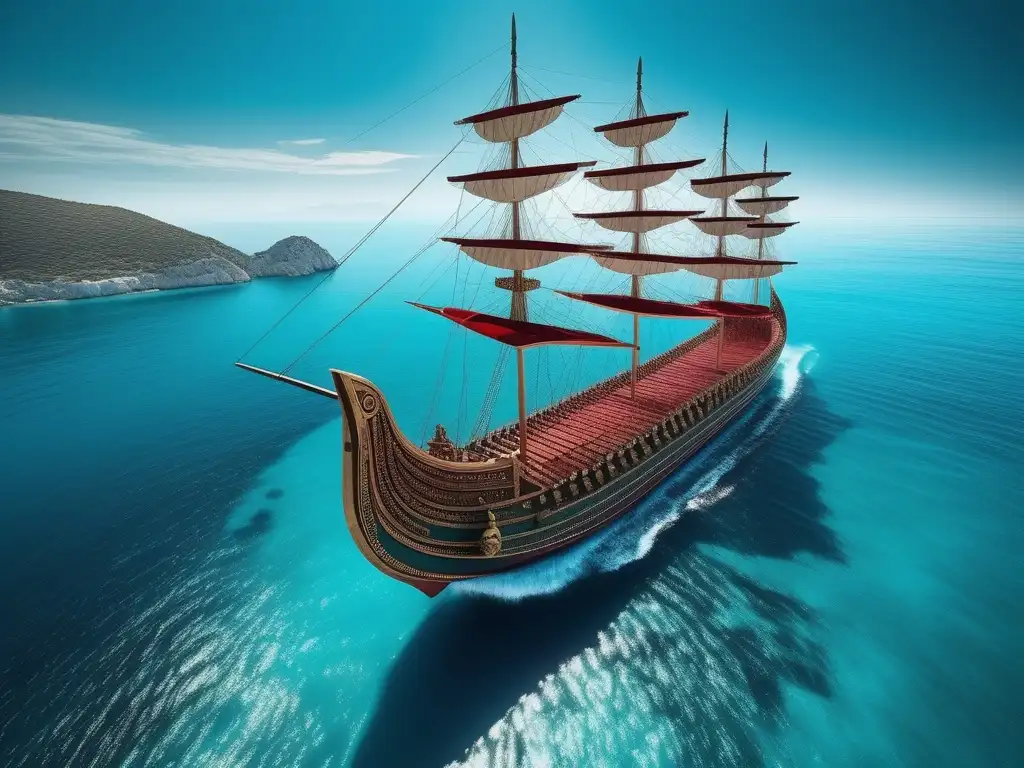 Barco antiguo de Grecia: Diseño y construcción, trireme navegando en el mar Egeo