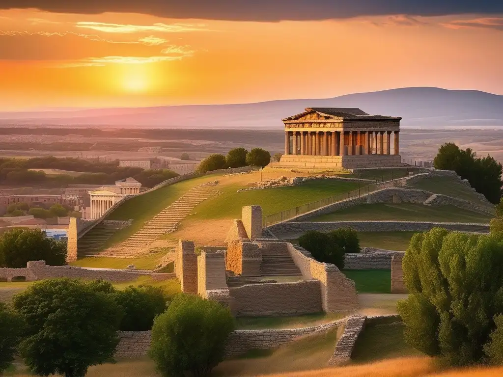 Ruinas de la antigua ciudad de Troya al atardecer, destacando la grandeza y elegancia de la arquitectura - Civilización helénica: mito o realidad