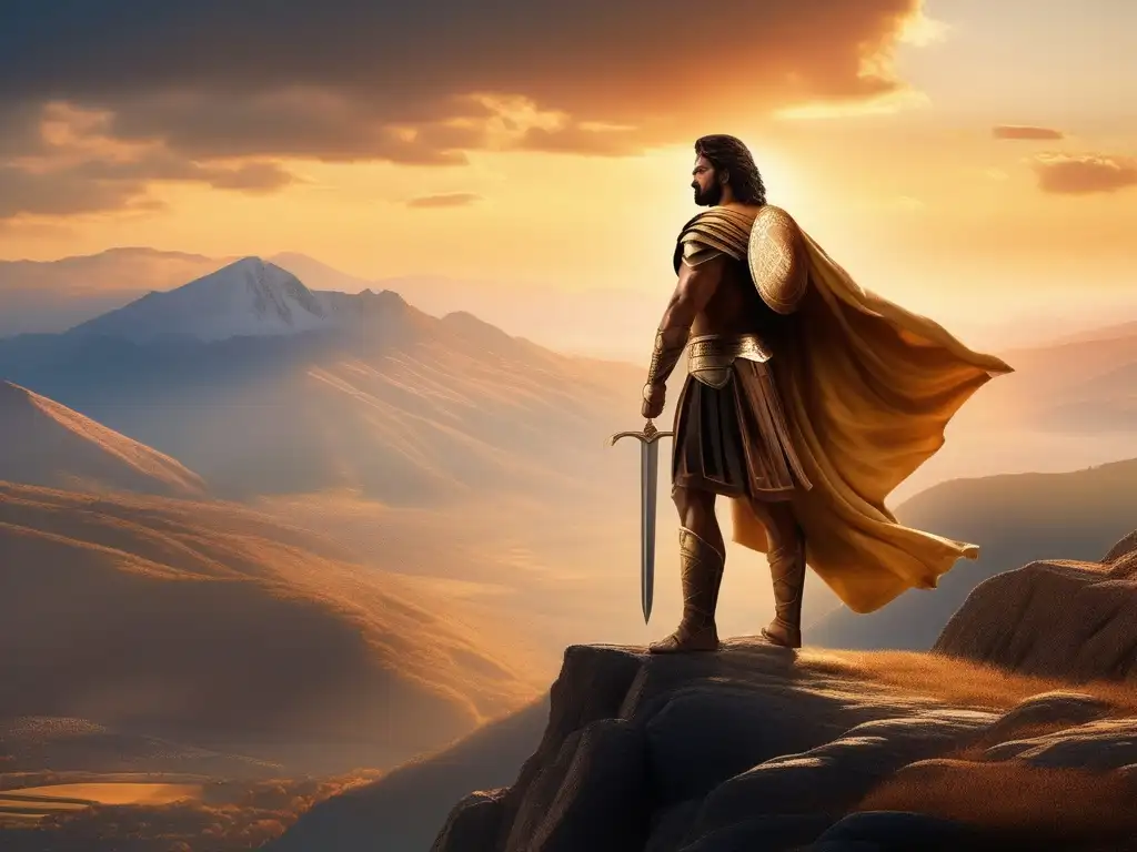 Un héroe griego muestra su valor heroico en la majestuosidad de la montaña al atardecer