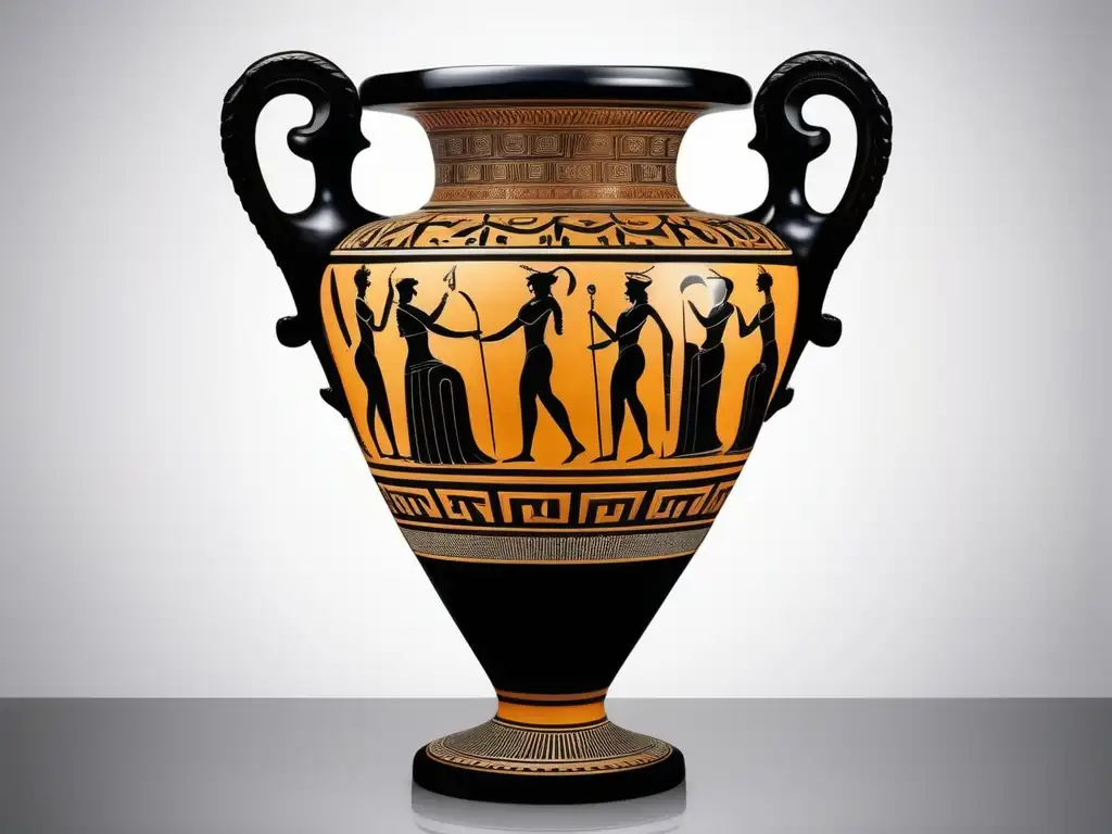 Estilos cerámica figuras antiguas Grecia: Vaso cerámico griego negro con figuras meticulosamente pintadas y detalles exquisitos