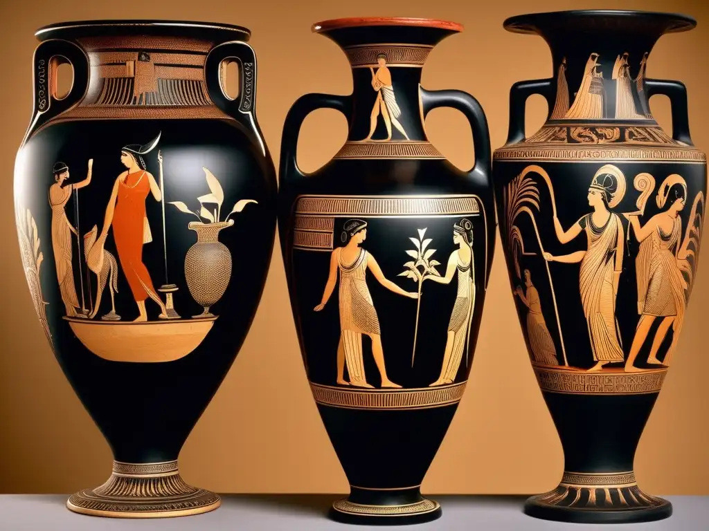 Influencia cerámica griega: Vaso antiguo con detallada pintura en negro o rojo, escenas de la mitología griega y elegante forma