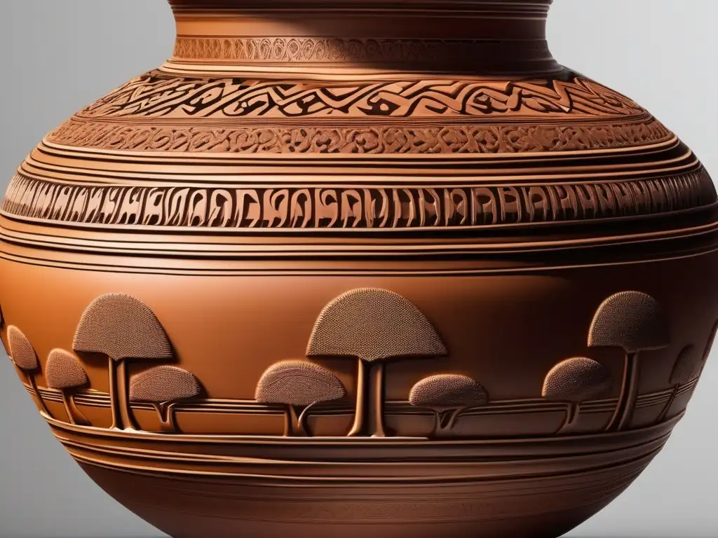 Tecnología cerámica en Grecia Antigua: Vaso terracota griego tallado y pintado con elegantes diseños de la mitología y vida cotidiana