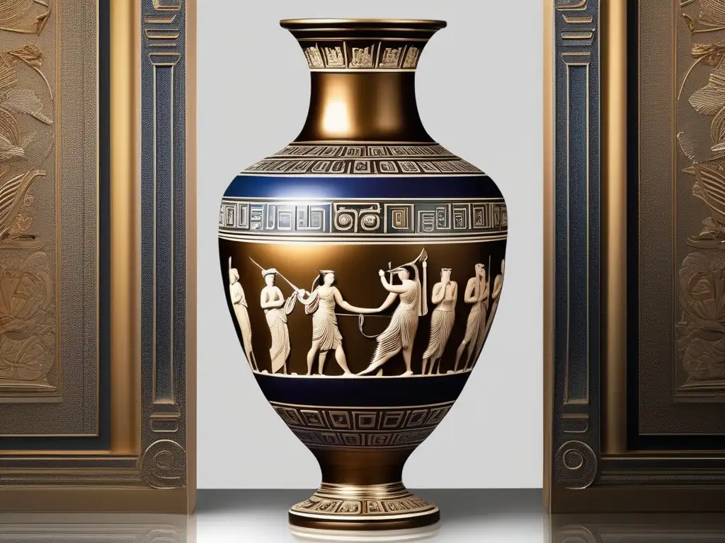 Influencia mitología griega: Vase cerámico griego detallado, escenas míticas coloridas, textura cerámica y conexión artística