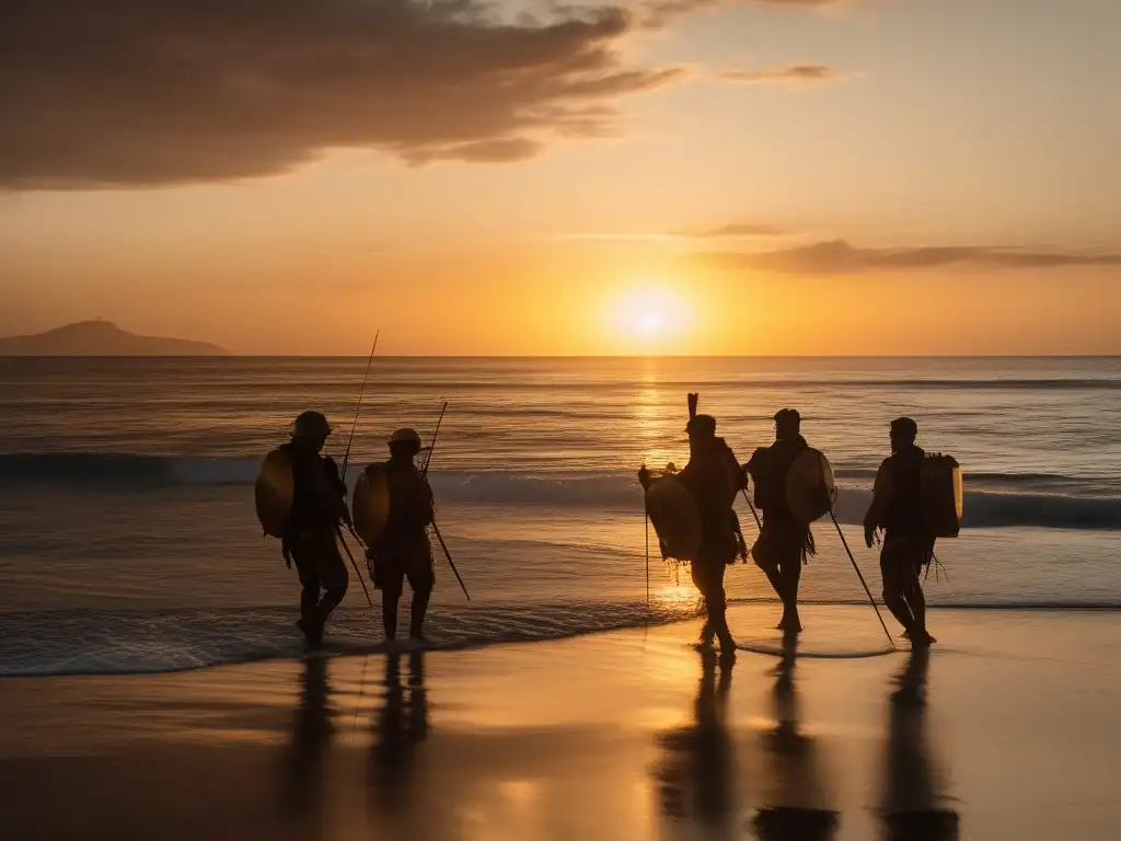 Viaje épico en busca del Vellocino de Oro: Aventureros junto al mar, barco majestuoso al amanecer