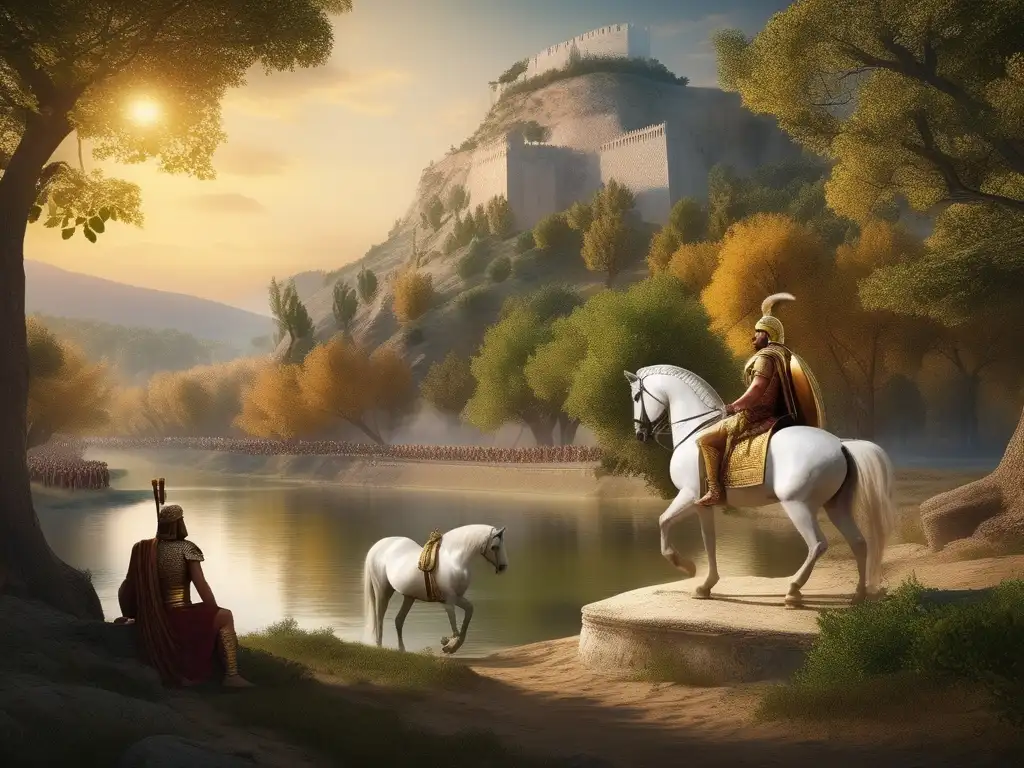 Batalla Río Hydaspes: Alexander victorioso, Porus rendido, paisaje impresionante y detalles realistas