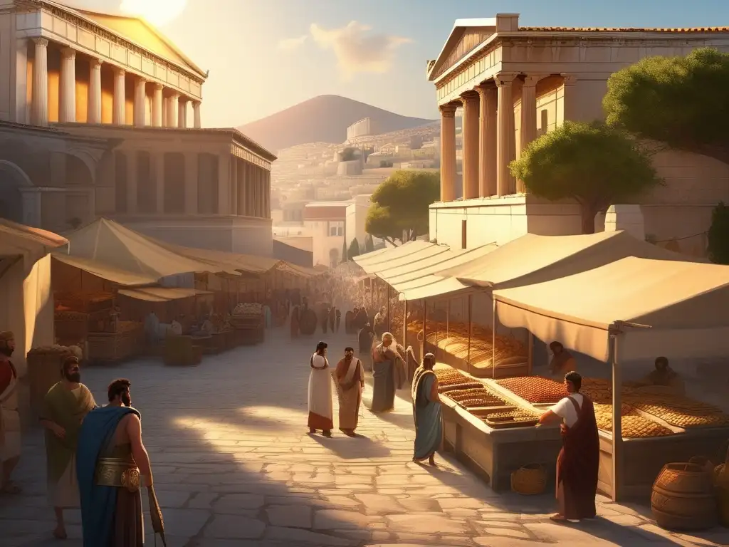 Vida cotidiana en la Antigua Grecia: una polis griega animada con edificios de mármol, mercados bulliciosos y actividades diarias variadas