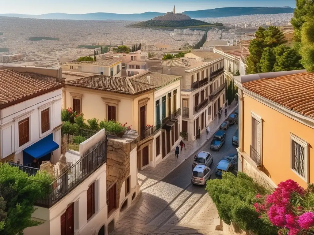 Vida cotidiana en la antigua Atenas: calle bulliciosa con casas, apartamentos, frescos coloridos y personas en toga y bata