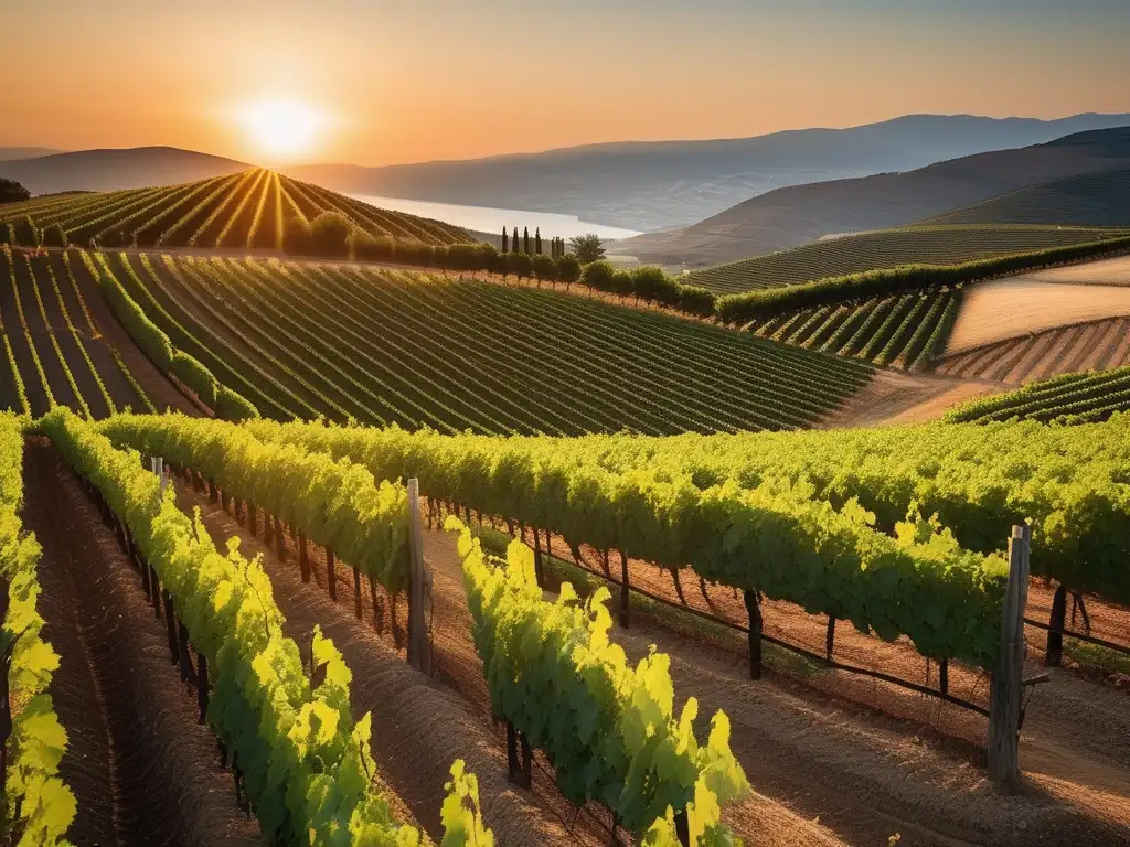 Viñedo griego al atardecer con historia y variedades del vino