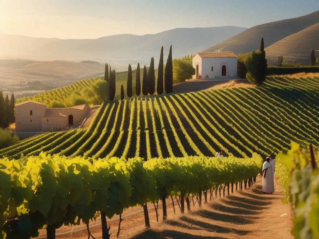 Un viñedo griego con vides verdes y personas recolectando uvas, simbolizando el vino en rituales griegos