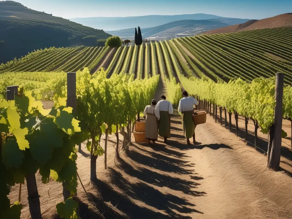 Proceso de elaboración del vino en Grecia Antigua: viñedo con trabajadores recolectando uvas