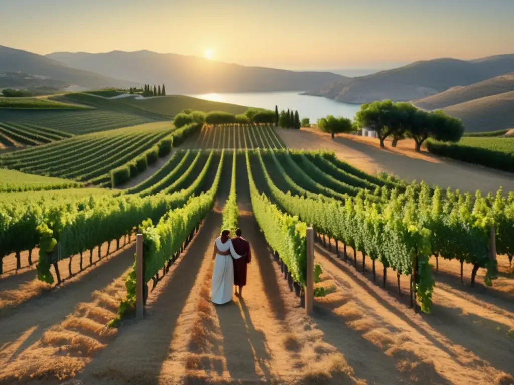 Proceso de vino en Grecia Antigua: Fotorealista imagen de una serena escena de una viña, con el sol bajo, vides verdes y prensando uvas