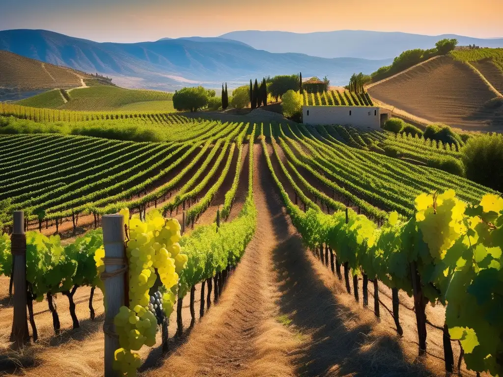 Vino en la cultura griega: imagen impresionante de un viñedo en Grecia, con vides verdes, cielo azul y colinas doradas