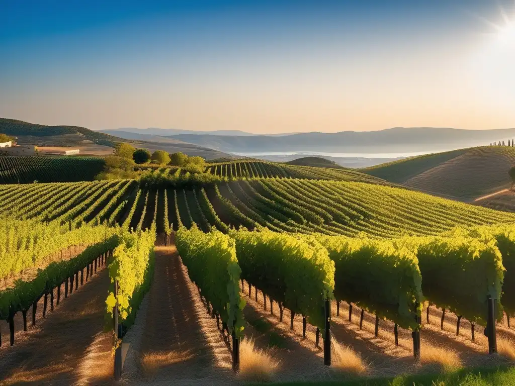 Proceso de Elaboración del Vino en Grecia Antigua: Viñedos griegos en colinas, cielo azul, uvas maduras y paisaje sereno