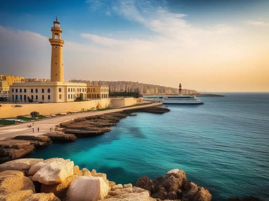 Faro de Alejandría antigua Grecia: impresionante vista de la ciudad con el icónico faro de mármol blanco en el puerto