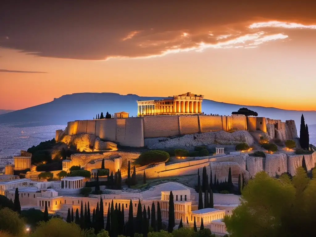 Patrimonio cultural de la Acrópolis de Atenas, majestuosidad histórica y belleza en el atardecer