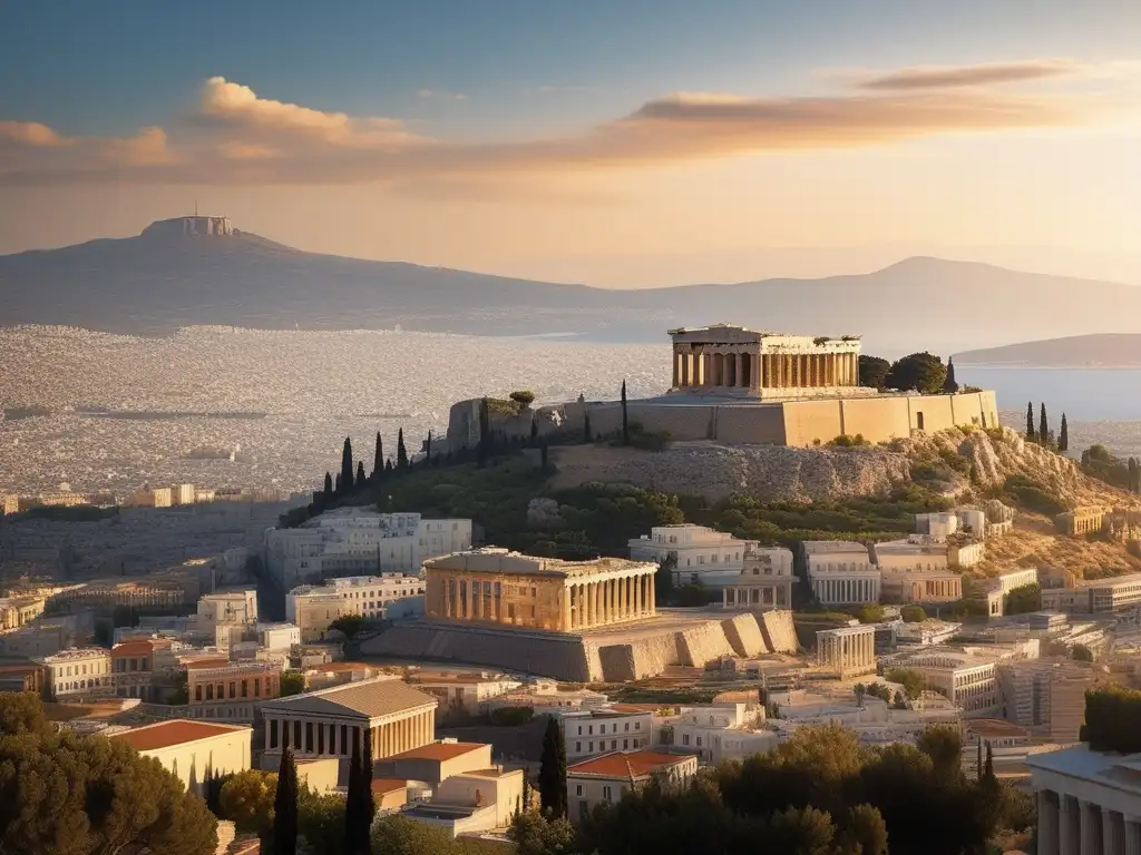 Influencia de la Antigua Grecia en la vida urbana: Atenas, ciudad-estado con una vista impresionante del icónico Acropolis y su majestuoso Parthenon