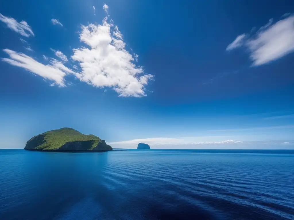 Vista impresionante del océano, reflejos de cielo azul, isla misteriosa